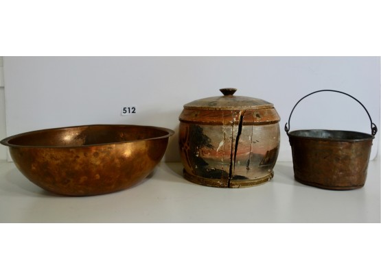 Primitive Antique Kitchen Items Including Painted Wood Jar & Copper Bowl