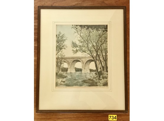 Vintage Signed Color Etching Lithograph 'Tiffany Bridge' By Listed Artist Leon Pescheret (slight Foxing As Not