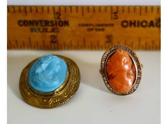 Antique 10K Gold Cameo Ring & Pendant Pin