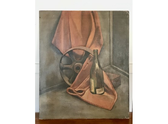 Original Oil On Board Still Life Unframed Of Wagon Wheel, Wine Bottle And Drape