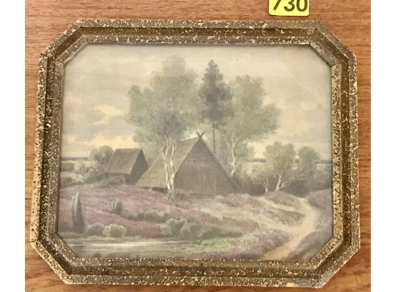 Vintage Print On Board Of Wood House In Countryside W Period Frame