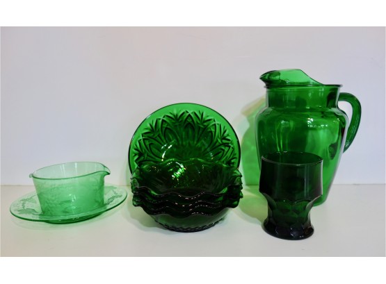 Vintage Green Glass Including Pitcher, Gravy Boat, & Bowls