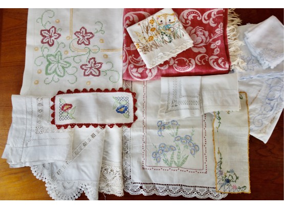 Lovely Antique Embroidered Linens Including Pillow Case, Matching Table Cloth & Napkins, & More