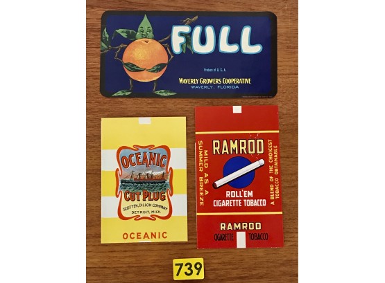 Lot Of 3 Vintage Advertising Labels: Ocean Cut PlugRamrod TobaccoFull Oranges