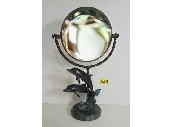 Bronze Mirror With Dolphins & Granite Base
