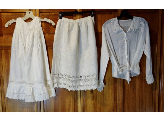 3 Pieces Of Antique Clothing Including Child's Shift, Blouse, & Skirt
