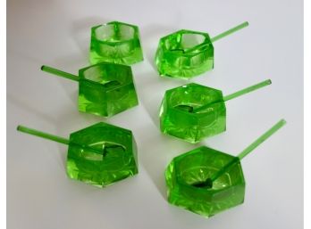 6 Antique Green Glass Salt Cellars W5 Spoons