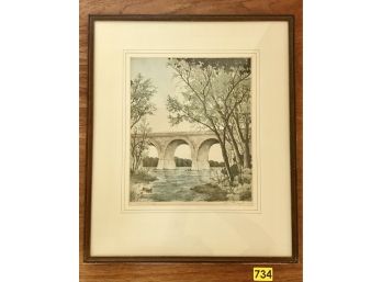 Vintage Signed Color Etching Lithograph 'Tiffany Bridge' By Listed Artist Leon Pescheret (slight Foxing As Not