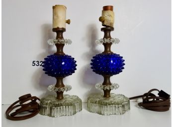 Vintage Clear & Cobalt Hobnail Glass Lamp Pair