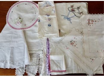 Assorted Embroidered Vintage Linens Including Apron, Runners, & Tablecloths