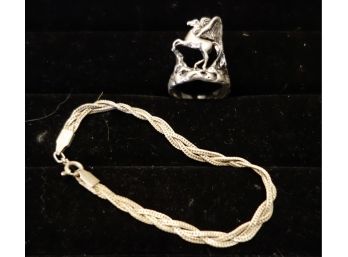 Sterling Bracelet & Unicorn Ring Marked Sher