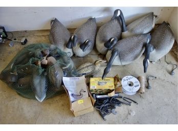 13 Duck And 6 Good Decoys With Decoy Weights, Line, And Paint