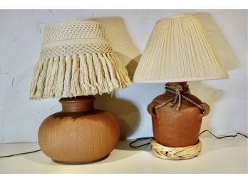 2 Vintage Terracotta Table Lamps, One With Great Macrame Shade