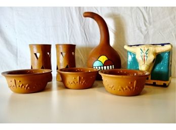 Painted Gourd, Tissue Cover, & Terra Cotta Bowls And Candle Holders