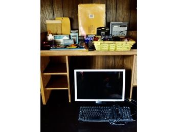Dell Monitor, Keyboard, & Mouse With Assorted Office Supplies