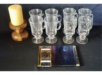 Irish Coffee Mugs, Candle, & Art Glass Trivet