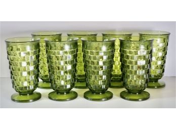 8 Vintage Green Water Goblets WHexagonal Design