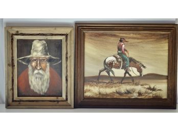 2 Framed Paintings, One Is On Canvas, The Other, Textured Burlap-type Material
