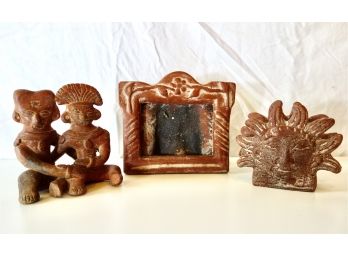 Small Mexican Pottery Frame, Napkin Holder, And Figurine