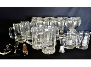 Heavy Glass Goblets, Mugs, Lowenbrau Sign, & High Ball Glasses
