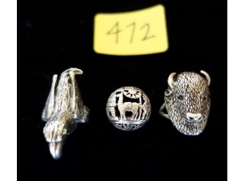 3 Dimensional Sterling Rings Including Buffalo Head& Parrot