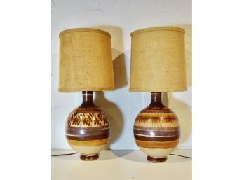 2 Vintage Handpainted Ceramic Table Lamps With Burlap Shades, AS IS
