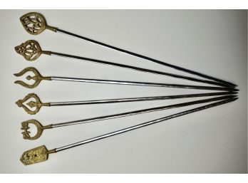 6 Mid Century Brass Handled Skewers WFlat Stainless Blades, Made In India