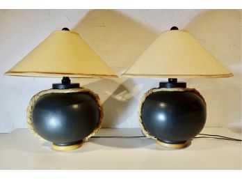 2 Large Ceramic Lamps With Rope Accents