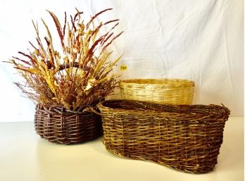 3 Baskets, 1 With Dried Flowers