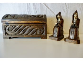 Carved Wood Box & Reading Monks Bookends