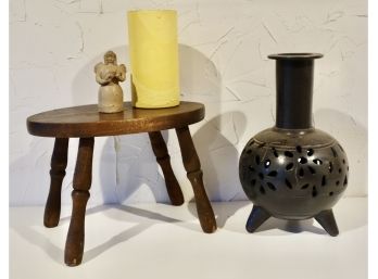 Little Wood Stool, Black Clay Pottery, And Royal Haeger Vase