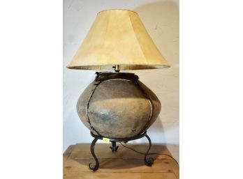 Large Pottery Lamp W/base And Hide Detail