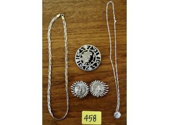 Sterling Necklaces, Pin, & Clip Earrings