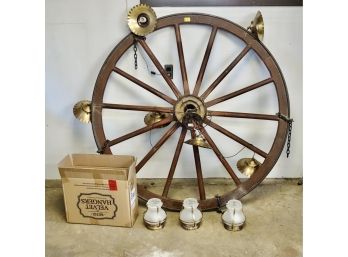 Antique Wagon Wheel Light Fixture W/lanterns