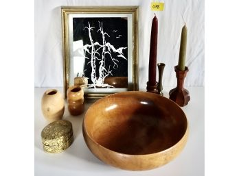 Vintage Wood Bowl, Candleholders, Etched Mirror, & Trinket Box