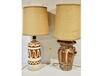 2 Vintage Lamps In Earthtones With Burlap Shades