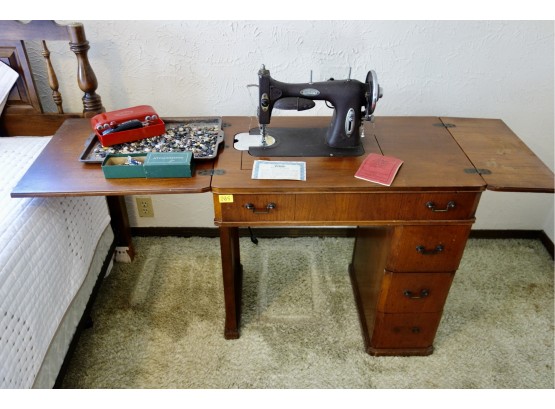 Vintage Sewing Table With White Sewing Machine, Vintage Buttons, & Attachments