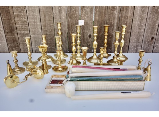 Huge Lot Of Brass Candlesticks, Bells, & Candles