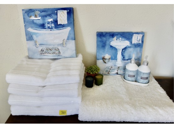 Bathroom Dcor Including New Towels, Rug, Soap, Candles, Prints