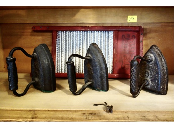 3 Antique Irons & A Busy Bee Washboard