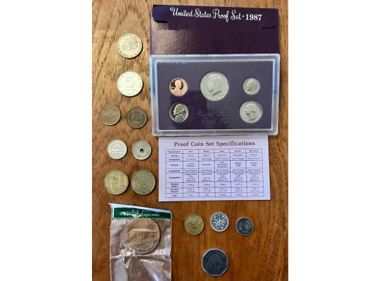 1987 US Mint Proof Set, A Denver Mint Coin, & Foreign Currency
