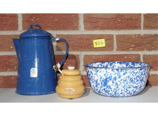 2 Pieces Of Enamelware & A Small Honey Jar