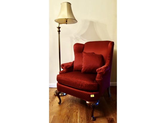 Red Wing Back Chair In Great Condition With Floor Lamp