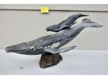 Gorgeous Signed Soapstone Sculpture Of 2 Whales