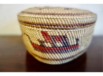 Antique Native American Northwest Skokomish Lidded Pictorial Basket