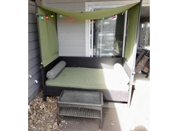 Outdoor Day Bed With Sun Shade & String Lights With Matching Coffee Table