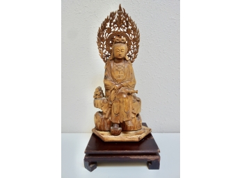Gorgeous Ornately Carved Wood Buddhist Statue On Pedestal
