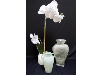 Faux Orchid And Frosted Glass Vases