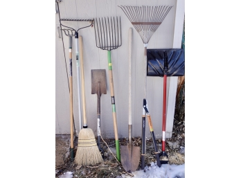 Assorted Yard Tools Including Snow Shovel, Rakes, Pruners, & More
