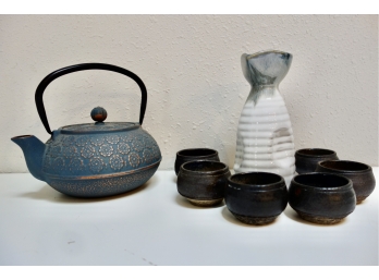 Cast Iron Japanese Teapot And Ceramic Sake Set